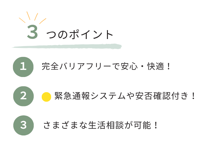 3つのポイント
・完全バリアフリー
・緊急通報システムと安否確認
・生活相談